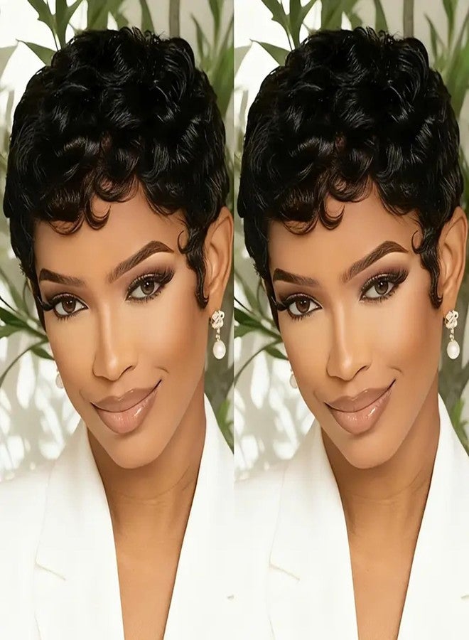 SAEIALL Short Pixie Cut Wig Human Hair 1B Black Curly Wave Human Hair Wig Layered Natural Looking Short Style for Black Women None Lace Front Throw On and Go Wigs - Image 1